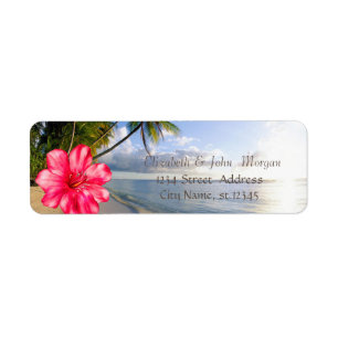 Tropisk strand, palmer, hibiskus returadress etikett