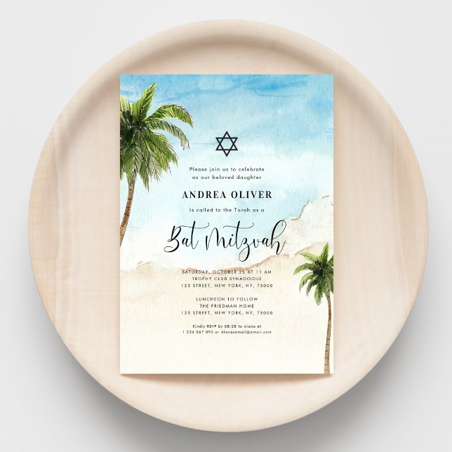 Tropisk Strand Palmeträd Davidsstjärna Bat Mitzvah Inbjudningar (Skapare uppladdad)
