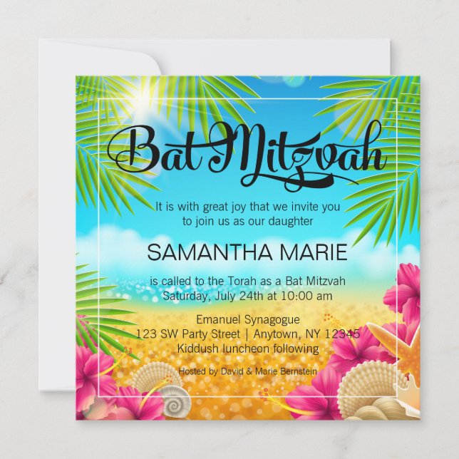 Tropisk strand rosa hibiskus Bat Mitzvah Inbjudningar (Framsida)