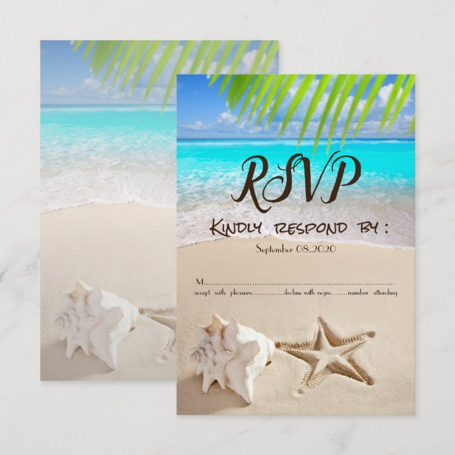 Tropisk strand, Sjöstjärna, Snigelskal RSVP Inbjudningar (Fram/baksida)