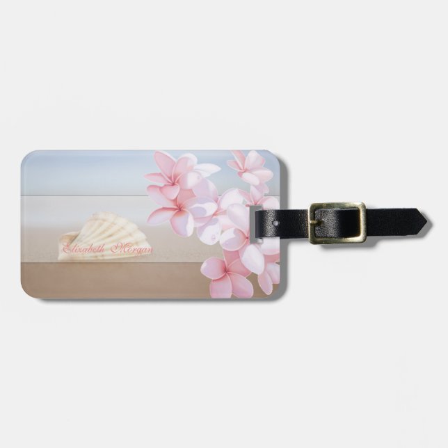 Tropisk, Strand, Snigelskal, Plumeria Bagagebricka (Horisontell Framsida)