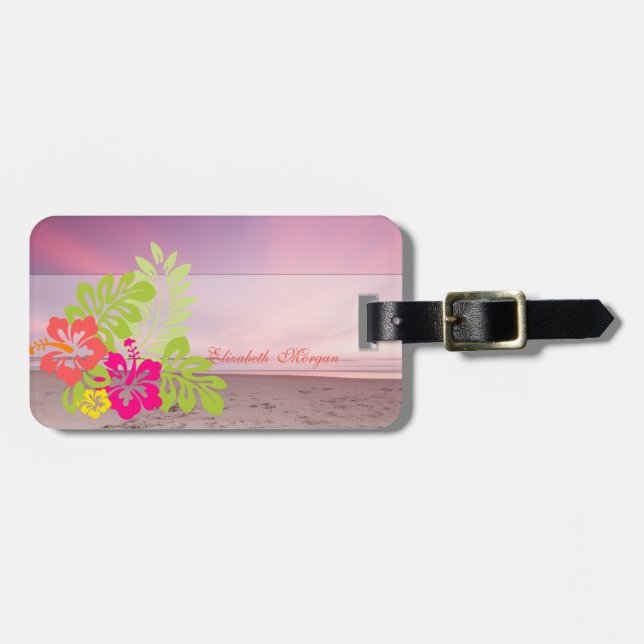 Tropisk Strand Solnedgång Hawaiiansk Hibiskus Bagagebricka (Horisontell Framsida)