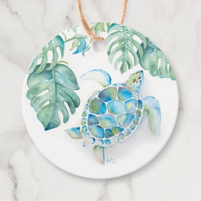Tropisk strand turkos hav sköldpadda akvarell gåvor etiketter (Framsida)