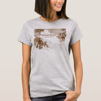 Tropisk strand vintage etsning i brun t-shirt