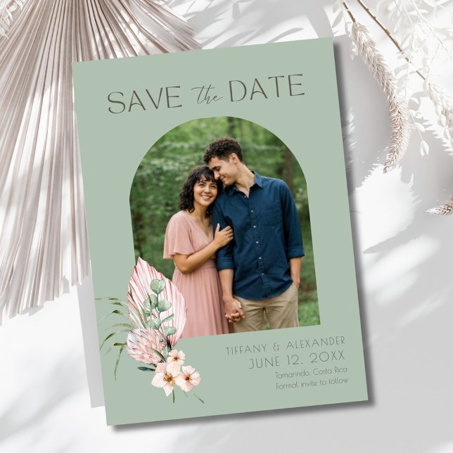 Tropisk strandbåge fotodestination bröllop  spara datumet (Elegant Beach Tropical Photo Wedding Save The Date)