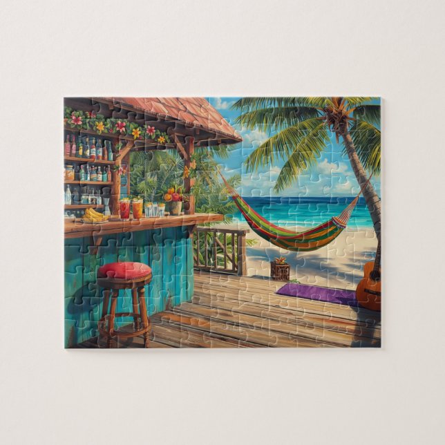 Tropisk strandbar hängmatte konst pussel (Horisontell)