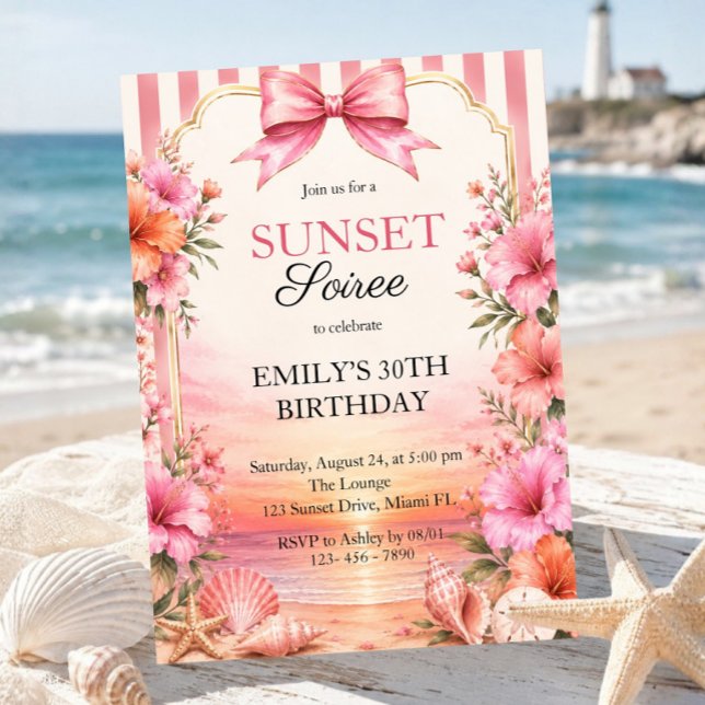 Tropisk strandblommig solnedgångsfest födelsedagsf inbjudningar (sunset soiree invitation, 30th birthday invitation, tropical birthday invite, beach birthday invitat)