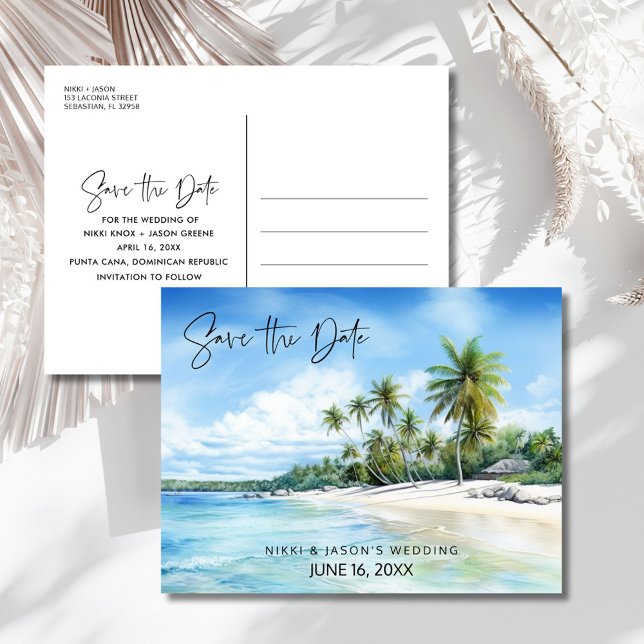 Tropisk strandbröllopsdestination Spara datum Meddelande Vykort (Tropical Beach Destination Wedding Save the Date Announcement Postcard)
