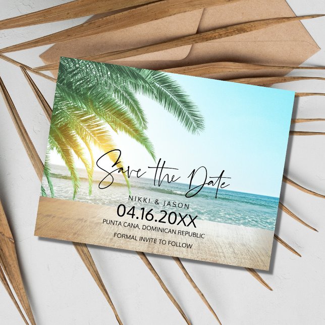 Tropisk strandbröllopsdestination Spara datum Meddelande Vykort (Tropical Beach Destination Wedding Save the Date)