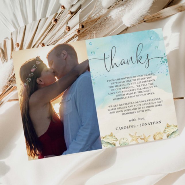 Tropisk strandbröllopsfotografi bild tack kort (beach wedding photo picture thank you card destination oceanfront tropical coastal birthday party)