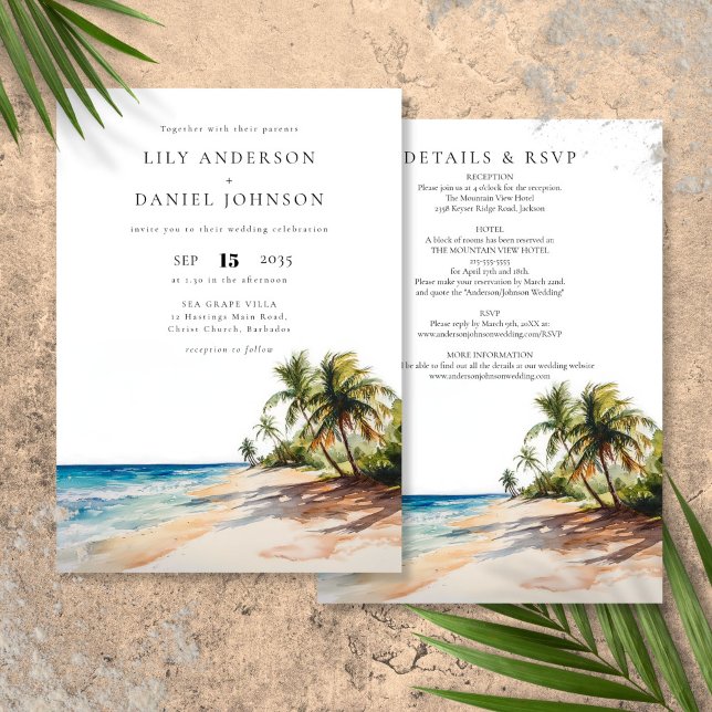 Tropisk Stranddestination Allt I Ett Bröllop Inbjudningar (Tropical Beach Destination All In One Wedding Invitation)