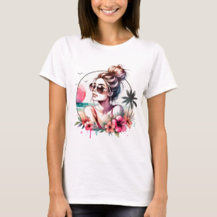 Tropisk strandflicka i akvarell t shirt