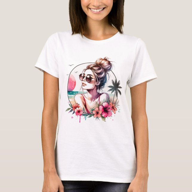 Tropisk strandflicka i akvarell t shirt (Framsida)