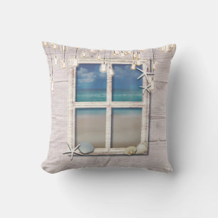 Tropisk strandfönster vit trä elegant chic kudde