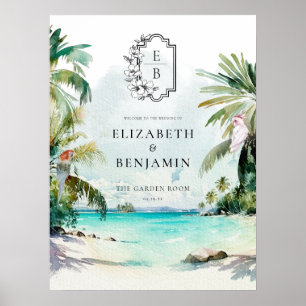 Tropisk strandpalmer   Monogram bröllop välkommen Poster