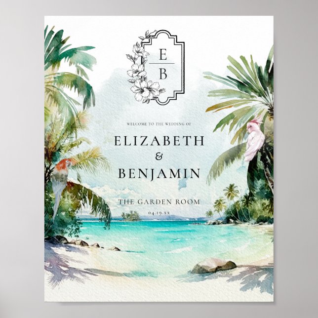 Tropisk strandpalmer | Monogram bröllop välkommen Poster (Framsidan)