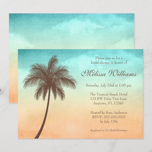 Tropisk strandpalmträdmöhippa inbjudningar (Fram/baksida)