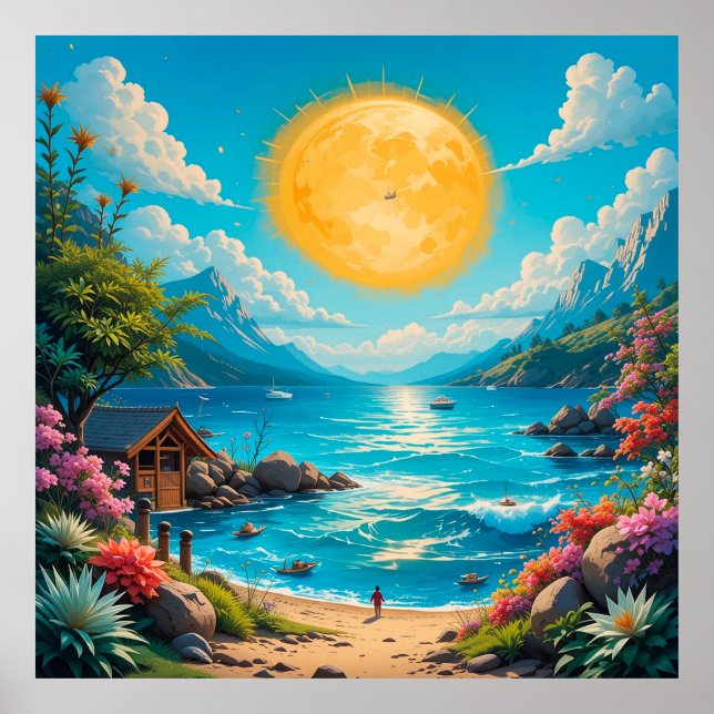 Tropisk strandscen med livfulla blommor poster (Framsidan)