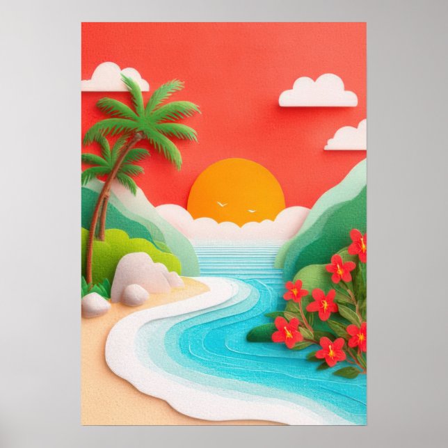 Tropisk strandscen med palmer och hibiskus  poster (Framsidan)
