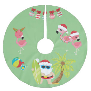 Tropisk strandtomte och flamingos julgransmatta borstad polyester