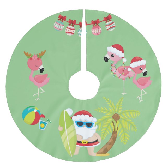 Tropisk strandtomte och flamingos julgransmatta borstad polyester (Framsidan)