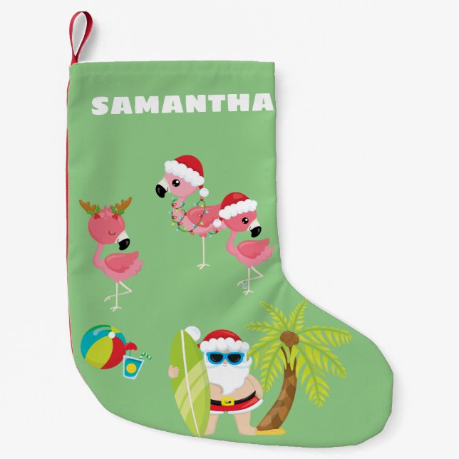 Tropisk strandtomte och flamingos liten julstrumpa (Framsidan)