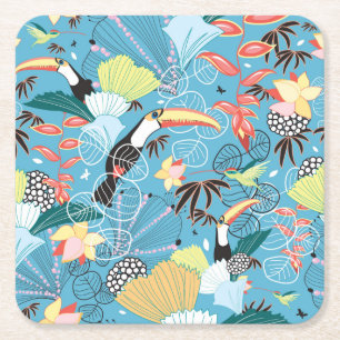 Tropisk struktur med Toucans och Hummingbirds Underlägg Papper Kvadrat