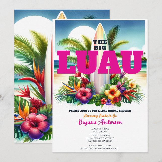 Tropisk Surfbräda Pool Party Luau Bröllopsdusch Inbjudningar (Fram/baksida)