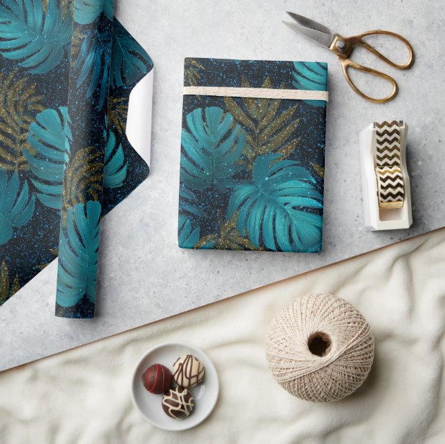 Tropisk Teal Glitter Blå Mönster Presentpapper (Hantverk)