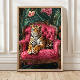 Tropisk Tiger på Rosa Sofa Affisch Eklektisk Tiger