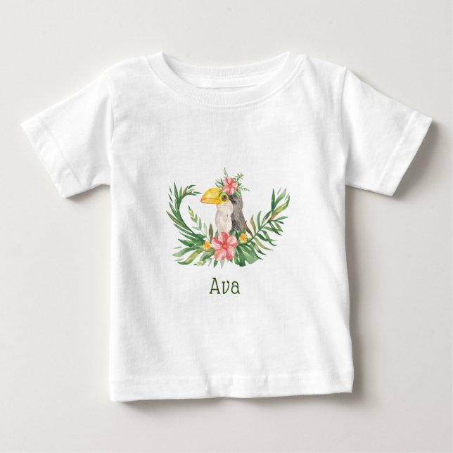 Tropisk Tukan Fågel Blommig Bebis Shower T Shirt (Framsida)
