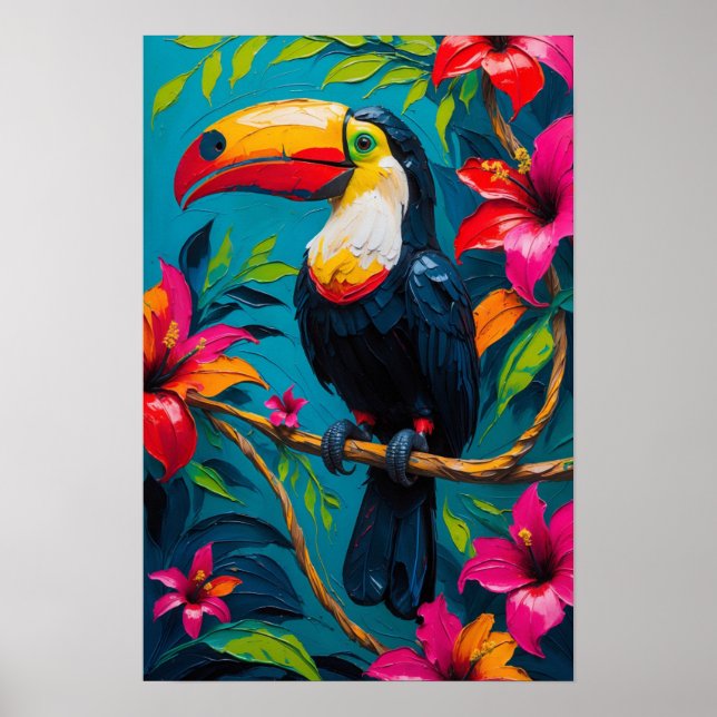 Tropisk Tukan Fågel med Livfulla Blommor Poster (Framsidan)