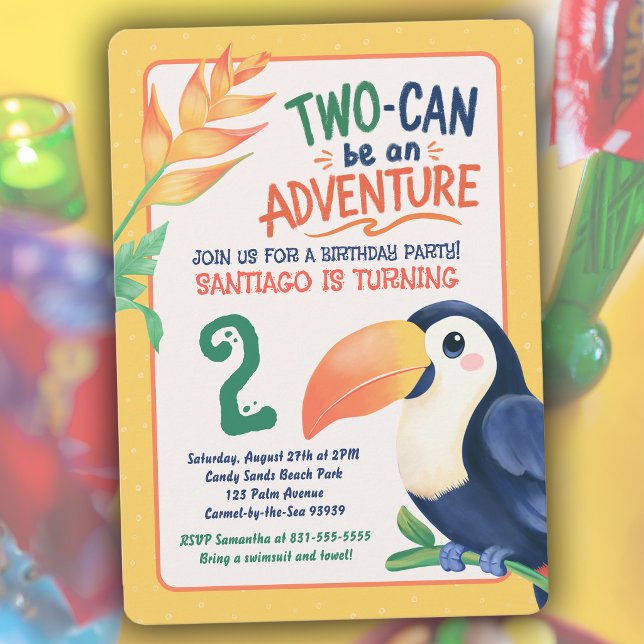 Tropisk Tukan Fågel Sommar Djur 2-årsdag Inbjudningar (Toucan be an adventure! Cute tropical 2nd birthday cards with a jungle animal theme and warm colors.)