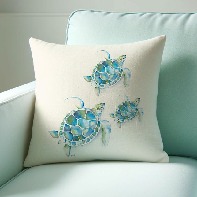 Tropisk Turkos Blå Havssköldpadda Akvarell Kudde (Sea turtle throw pillows gift idea for her watercolor art by Victoria Grigaliunas Do Tell A Belle)