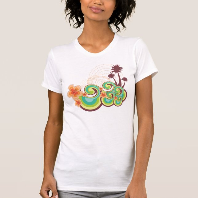 Tropisk Vågar Hibiscus Sommarbuss Handflatan Träd Tee Shirt (Framsida)