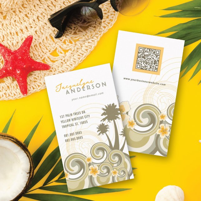 Tropisk Vågar Hibiscus-stranden Sommaren Handflata Visitkort (Tropical Waves Beach, Yellow Hibiscus, Summer Breeze AndPalm Trees Business Card @ fat_fa_tin)