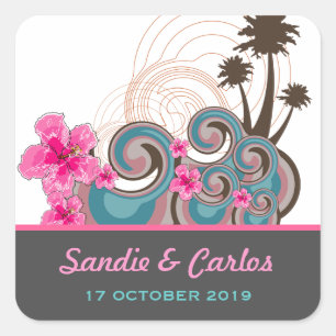 Tropisk Vågar Rosa Hibiscus Destination Wedding Fyrkantigt Klistermärke