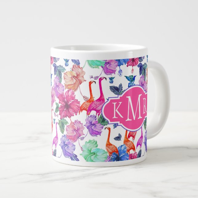 Tropisk vattenfärg Mönster| Monogram Jumbo Mugg (Framsida höger)