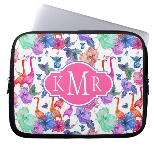 Tropisk vattenfärg Mönster| Monogram Laptop Sleeve (Framsidan)