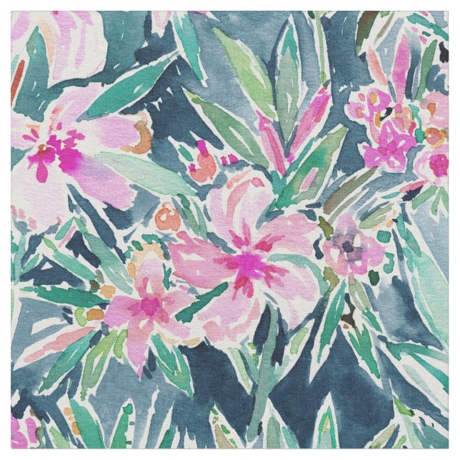 Tropisk vattenfärgblommigt för FRODIG OLEANDER Tyg (Närbild)