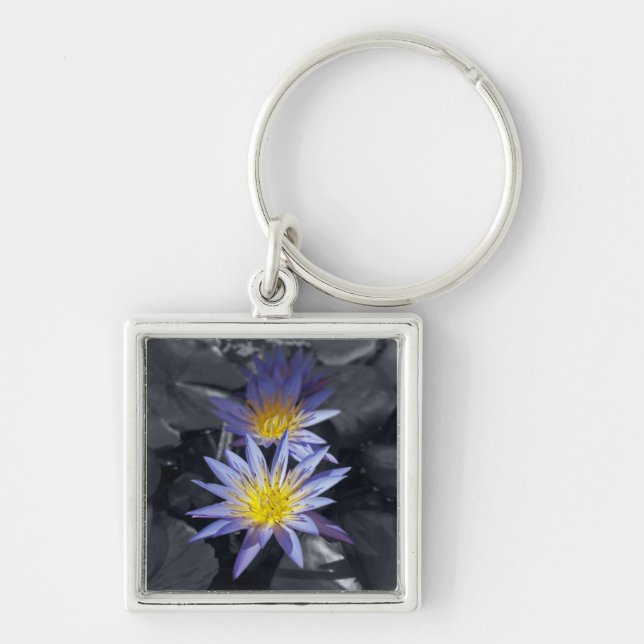Tropisk vattenlilja blomster botanisk design fyrkantig silverfärgad nyckelring (Framsidan)