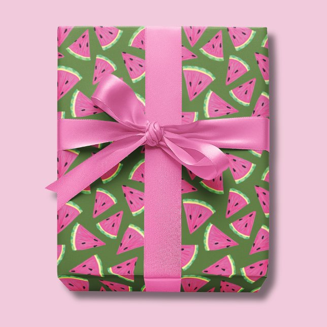 Tropisk vattenmelon sommar mönster presentpapper (Watermelon wrapping paper on a olive green background)