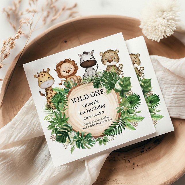 Tropisk Vild en Jungle Safari Greenery Birthday Pappersservett (Skapare uppladdad)