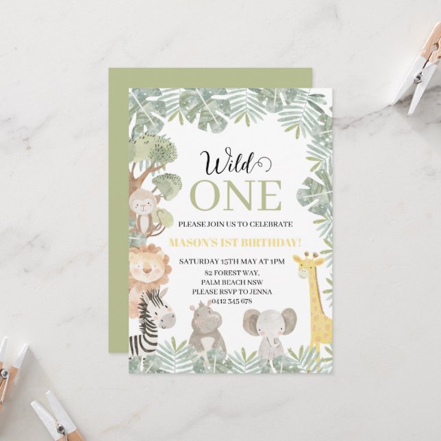 Tropisk Vild en Safari Animals Boy 1:a födelsedage Inbjudningar (Fram/Back In Situ)