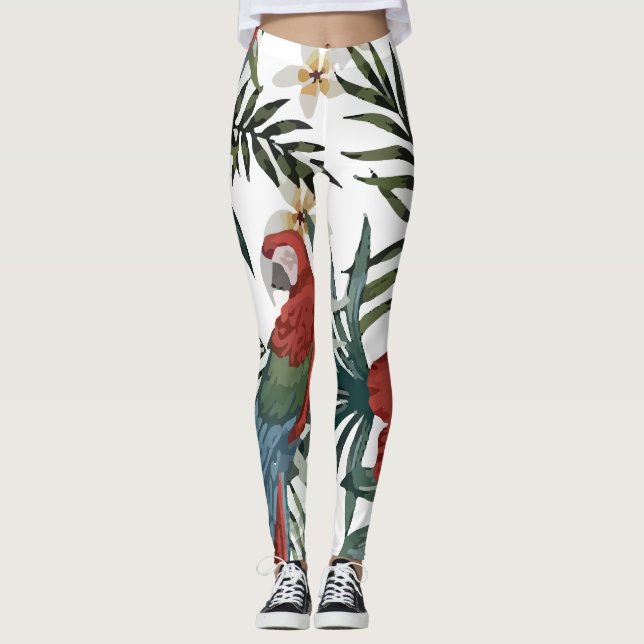 Tropisk Vintage Macaw Parrot Hibiscus Leggings (Framsida)
