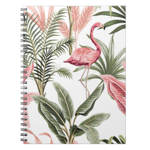 Tropisk vintage rosa flamingo, banan träd och  anteckningsbok
