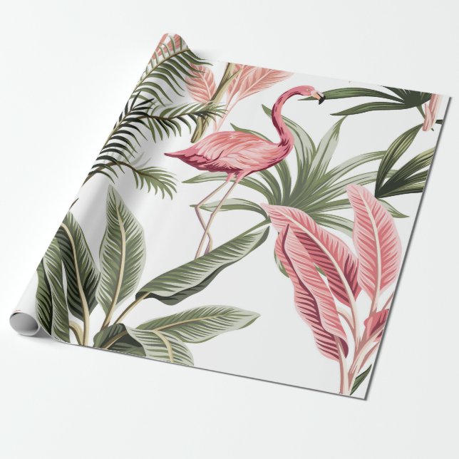 Tropisk vintage rosa flamingo, banan träd och  presentpapper (Utrullad)