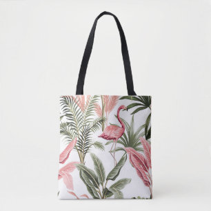 Tropisk vintage rosa flamingo, banan träd och  tygkasse