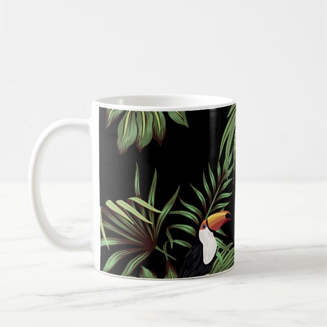 Tropisk vintage toucan, handflatan löv blommigt se kaffemugg (Vänster)
