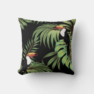 Tropisk vintage toucan, handflatan löv blommigt se kudde